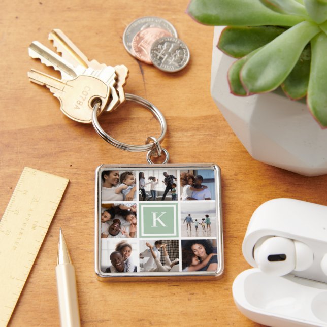 Sage Green Monogram 8 Photo Collage Key Ring (Desk)