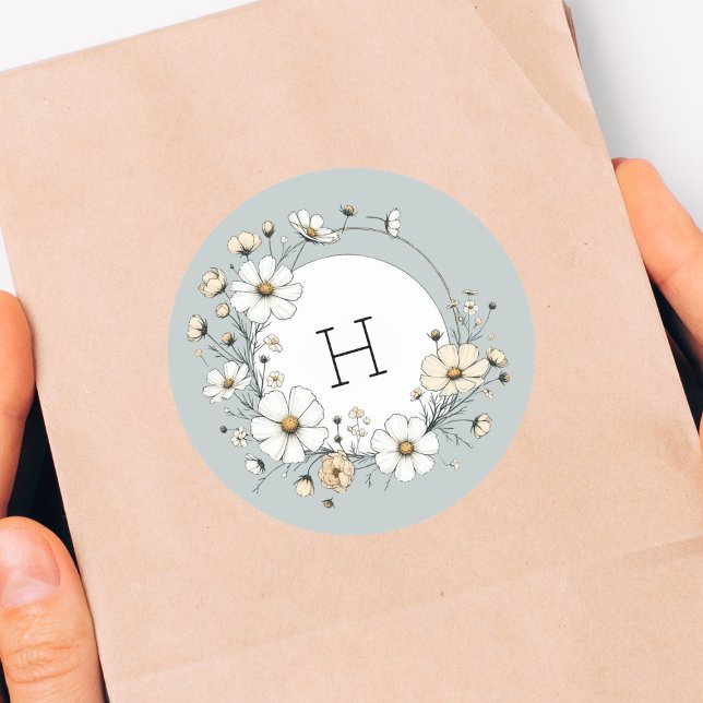 Sage Green Monogram Boho Flowers Personalised Classic Round Sticker (Creator Uploaded)