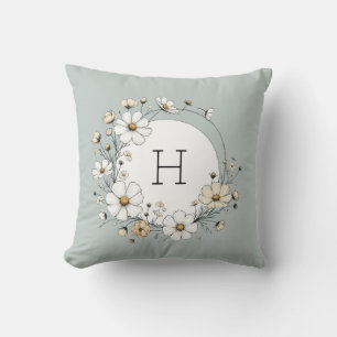 Sage Green Monogram Boho Flowers Personalised Cushion