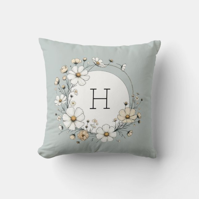 Sage Green Monogram Boho Flowers Personalised Cushion (Front)