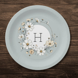 Sage Green Monogram Boho Flowers Personalised  Paper Plate
