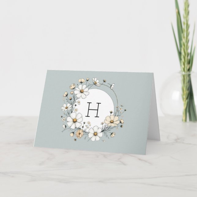 Sage Green Monogram Boho Flowers Personalised  Thank You Card (Front)