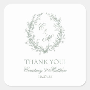 Sage Green Monogram Botanical Wreath Thank You Square Sticker