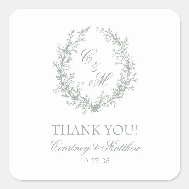 Sage Green Monogram Botanical Wreath Thank You Square Sticker (Front)