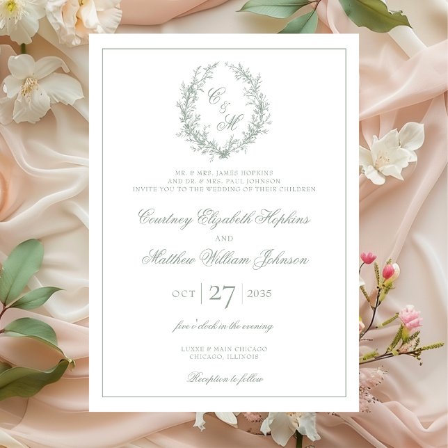 Sage Green Monogram Botanical Wreath Wedding Invitation (Creator Uploaded)