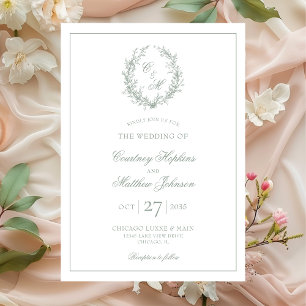 Sage Green Monogram Botanical Wreath Wedding Invitation