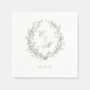 Sage Green Monogram Botanical Wreath Wedding Napkin