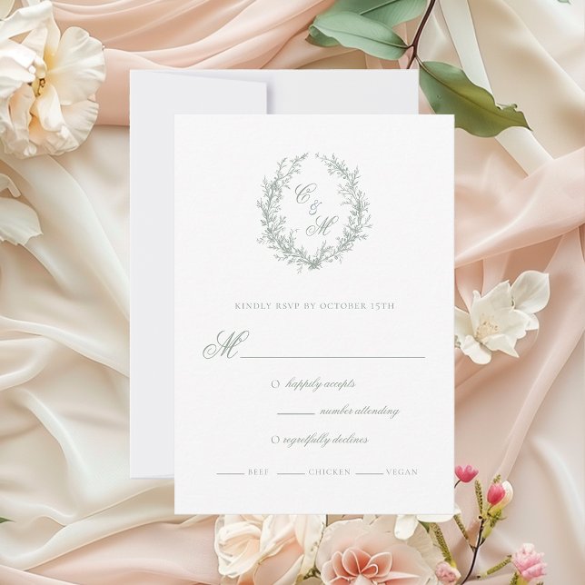 Sage Green Monogram Botanical Wreath Wedding RSVP Card (Creator Uploaded)