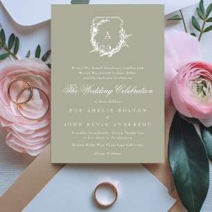 sage green monogram classic leafy crest wedding invitation
