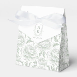 Sage Green Monogram Crest Chinoiserie Peonies Favour Box