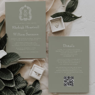 Sage Green Monogram Crest QR Code Wedding Invitation