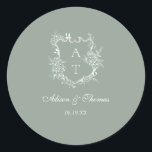 Sage Green Monogram Crest Wedding Envelope Seal<br><div class="desc">Elegant sage green script floral monogram crest wedding classic envelope seal sticker.</div>