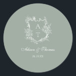 Sage Green Monogram Crest Wedding Envelope Seal<br><div class="desc">Elegant sage green script floral monogram crest wedding classic envelope seal sticker.</div>