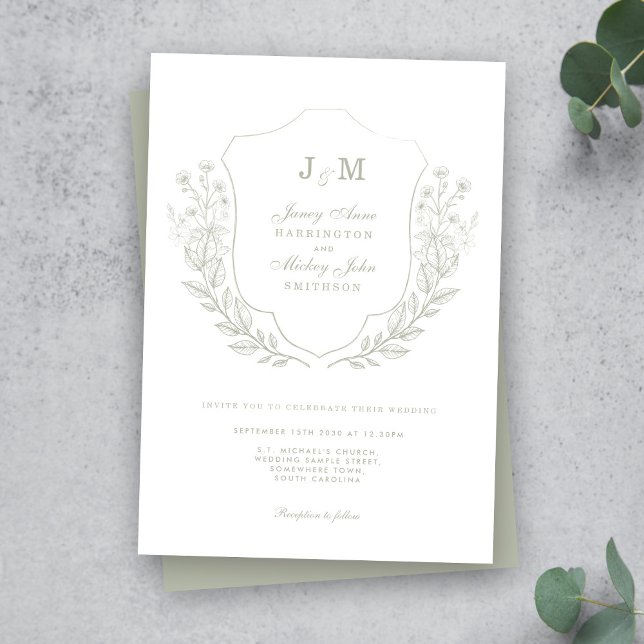 Sage Green Monogram Crest Wedding Invitation (Creator Uploaded)
