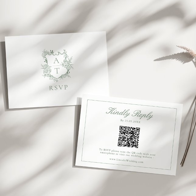 Sage Green Monogram Crest Wedding QR Code RSVP Enclosure Card (Creator Uploaded)