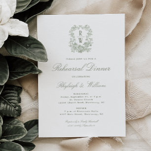 Sage Green Monogram Crest Wedding Rehearsal Dinner Invitation