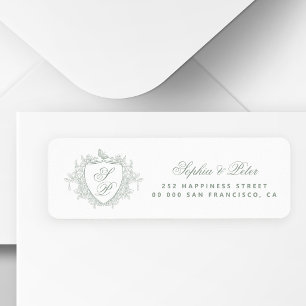 Sage green monogram crest wedding return address