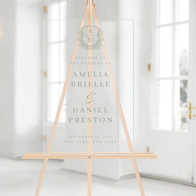Sage Green Monogram Crest Wedding Welcome Sign (Creator Uploaded)