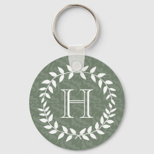 Sage Green Monogram Elegant Modern Foliage Wreath Key Ring