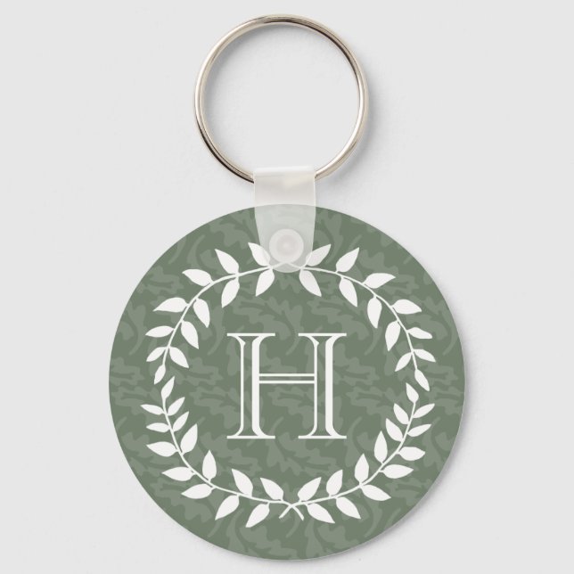 Sage Green Monogram Elegant Modern Foliage Wreath Key Ring (Front)