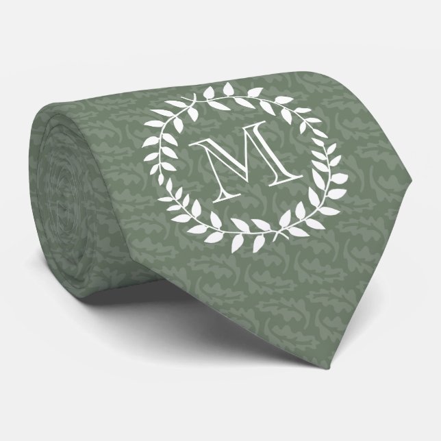 Sage Green Monogram Elegant Modern Foliage Wreath Tie (Rolled)
