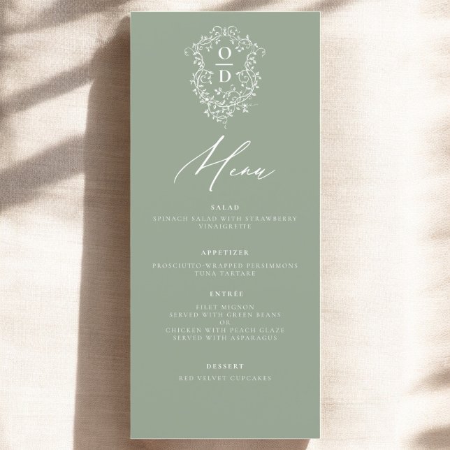 Sage Green Monogram Elegant Wedding Reception Menu (Creator Uploaded)
