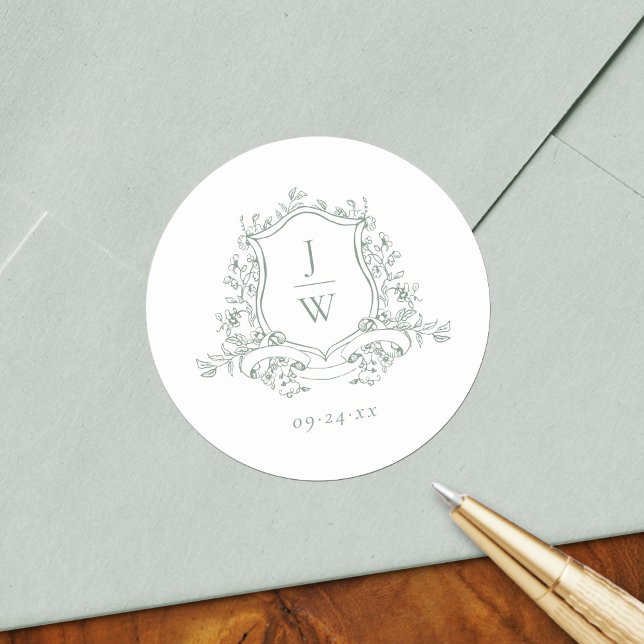 Sage Green Monogram Floral Crest Elegant Wedding Classic Round Sticker (Creator Uploaded)