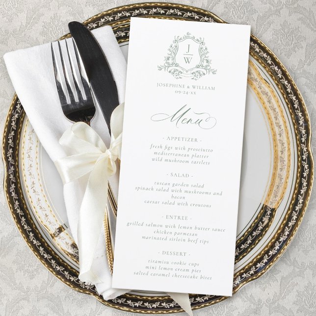 Sage Green Monogram Floral Crest Elegant Wedding Menu (Creator Uploaded)