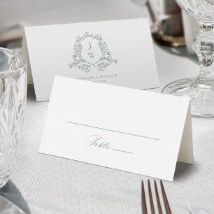 Sage Green Monogram Floral Crest Elegant Wedding Place Card