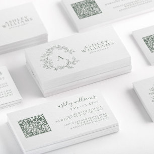 Sage Green Monogram Floral Crest QR Code Business Card