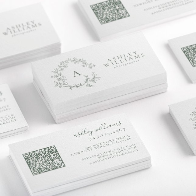 Sage Green Monogram Floral Crest QR Code Business Card (Creator Uploaded)