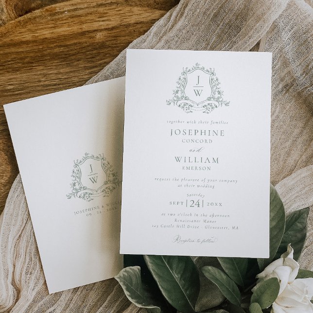 Sage Green Monogram Floral Crest Wedding Invitation (Creator Uploaded)