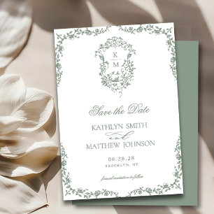 Sage Green Monogram Floral Vintage Crest Wedding Save The Date