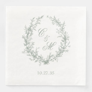 Sage Green Monogram Floral Wreath Wedding Napkin