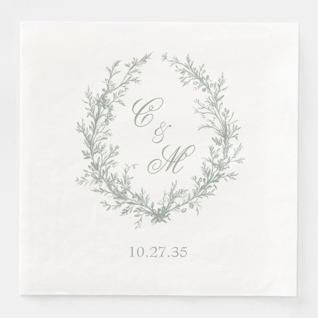 Sage Green Monogram Floral Wreath Wedding Napkin (Front)