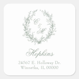Sage Green Monogram Floral Wreath Wedding Square Sticker