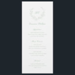 Sage Green Monogram Guest Name Elegant Wedding Menu<br><div class="desc">Elegant wedding menu featuring a clean and timeless design with your monogram inside of a wreath crest.  Use the template to add each guest name and skip the place cards.</div>