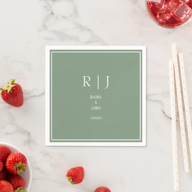 Sage Green Monogram Initial Modern Trendy Wedding Napkin (Insitu)