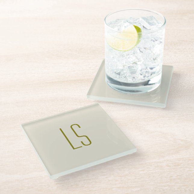 Sage green monogram initial simple glass coaster (Angled)