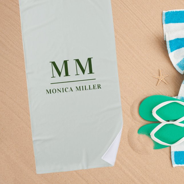 Sage green monogram initials name beach towel (Creator Uploaded)