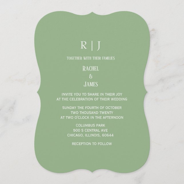 Sage Green Monogram Initials Trendy Wedding Invitation (Front)