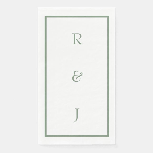Sage Green Monogram Initials White Trendy Wedding Napkin (Front)