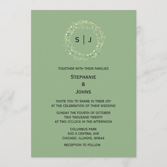 Sage Green Monogram Leaf Crest Elegant Wedding Invitation (Front)