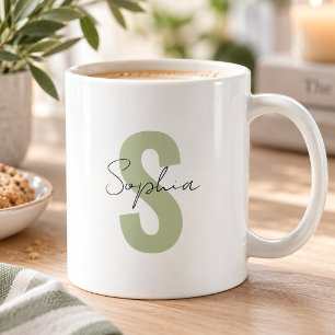 Sage Green Monogram Letter Calligraphy Name Coffee Mug