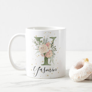 Sage Green Monogram Letter Y Blush Cream Floral Coffee Mug