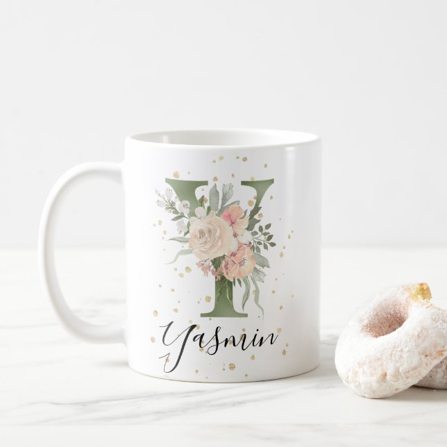 Sage Green Monogram Letter Y Blush Cream Floral Coffee Mug (With Donut)