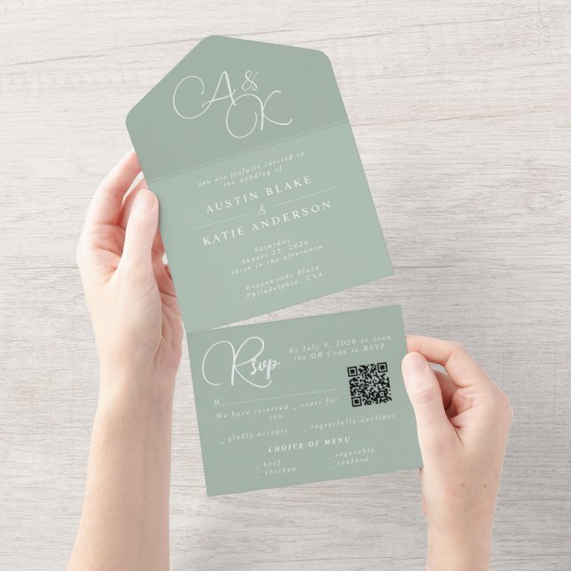 Sage Green Monogram Minimalist QR Code RSVP All In One Invitation (Tearaway)
