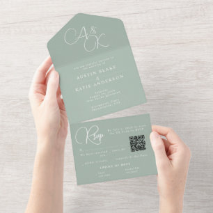 Sage Green Monogram Minimalist QR Code RSVP All In One Invitation