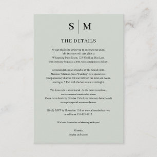 Sage Green Monogram Minimalist Wedding Details Enclosure Card