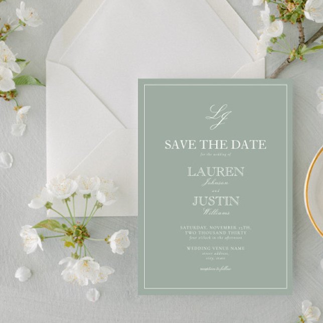 Sage Green Monogram Modern Script Save the Date Invitation (Creator Uploaded)